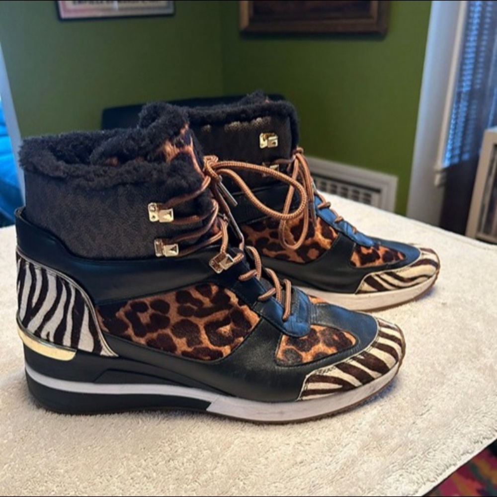 Michael Kors Black and Animal Print High-Top Warm Sneakers
